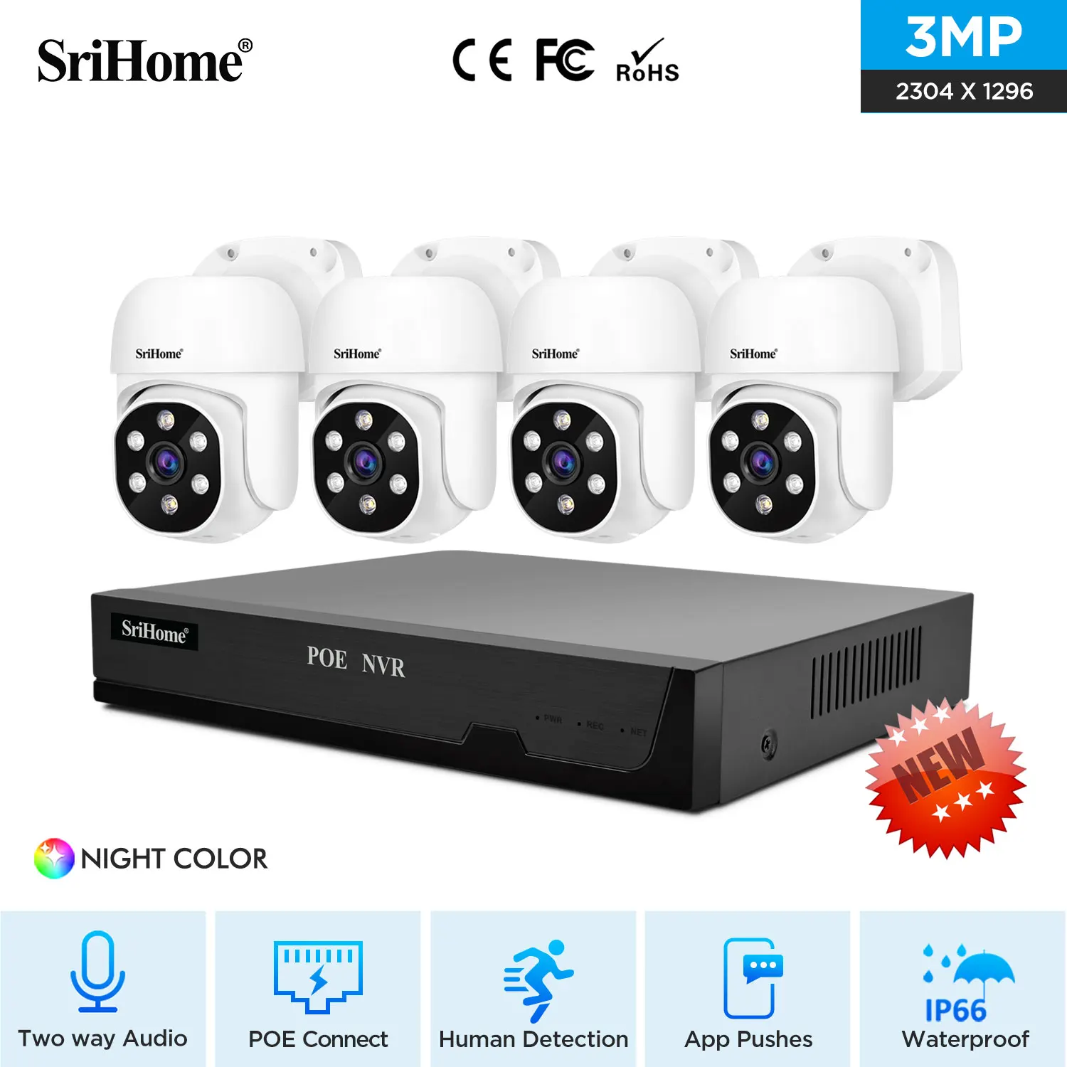 Srihome Home Security Camera System Full Color Night Vision Two Way Audio Humanoid Tracking POE NVR Kit 4CH 8CH NVR System