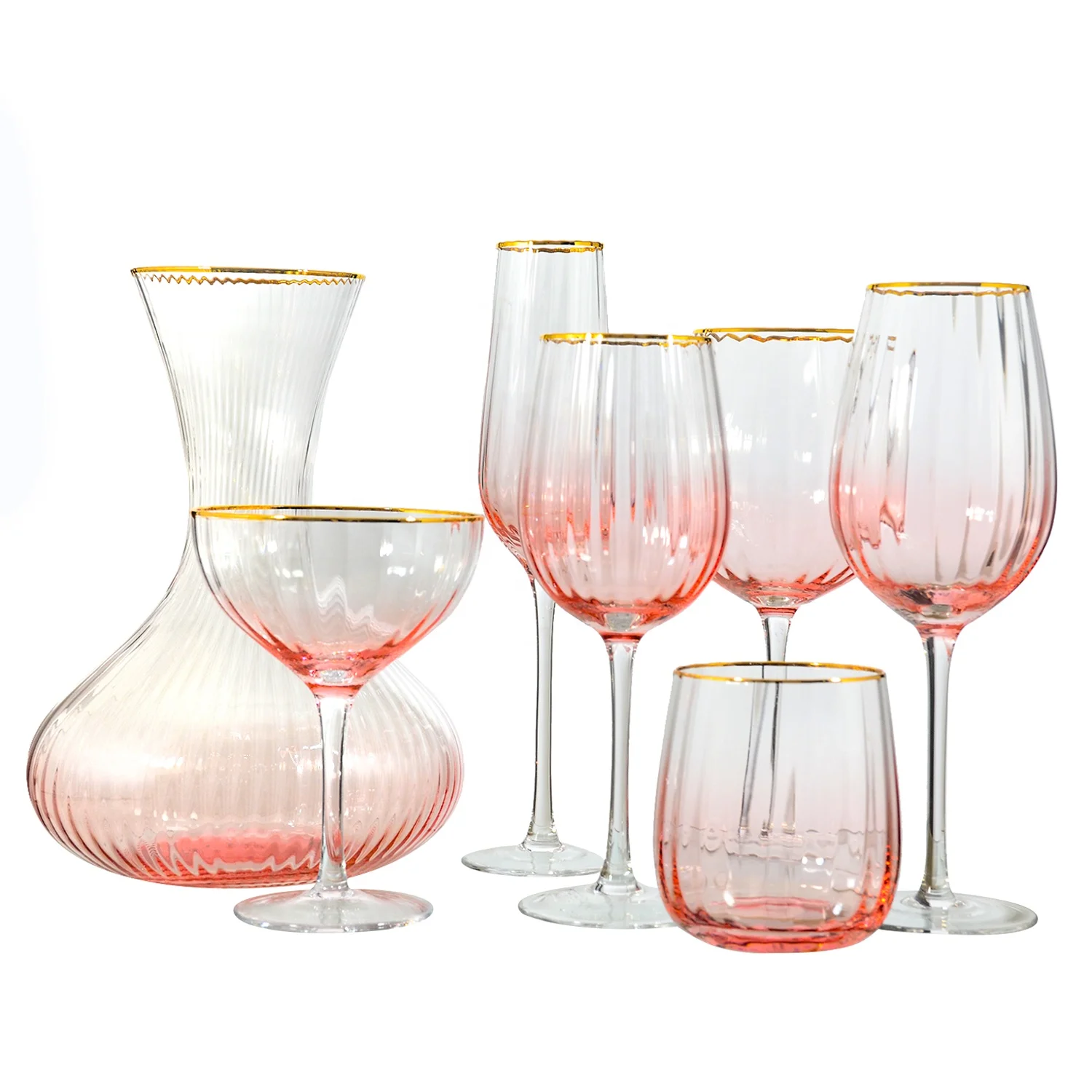Handmade Luxury crystal Ribbed Pink Colored Gold Rim Wine glass,goblet wine Glasses set of 6 for gift