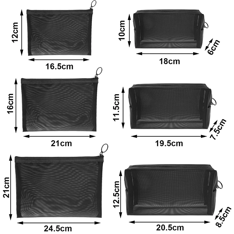 6 Pieces Mesh Makeup Bag Portable Mesh Cosmetic Bag set Black Mesh Zipper Pouch Breathable Travel Toiletry Bag