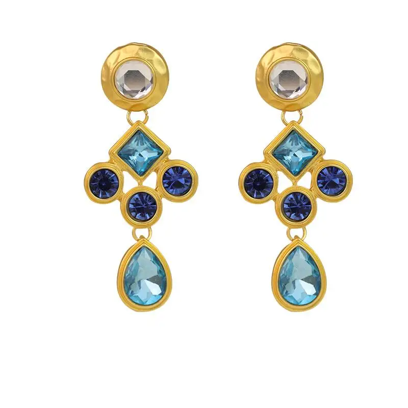 French Retro Palace Style Personality Exaggerated Style Diamond Inlaid Square Water Drop Silver Needle Earrings Gorgeous Shine