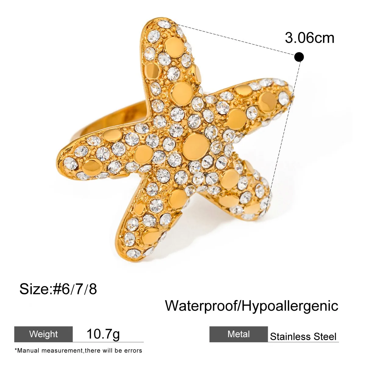 New Ocean Series Starfish Stainless Steel Ring Geometric Zircon 18k Pvd Coated Waterproof Non-fading Fashion Jewelry Ring