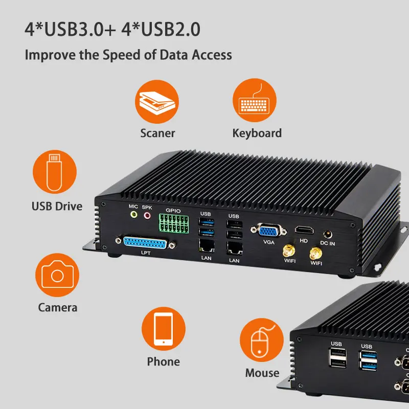 Wholesale Embedded Desktop Computer Intel Core i3 7020U Support 64GB RAM GPIO 6COM Fanless Industrial Mini PC