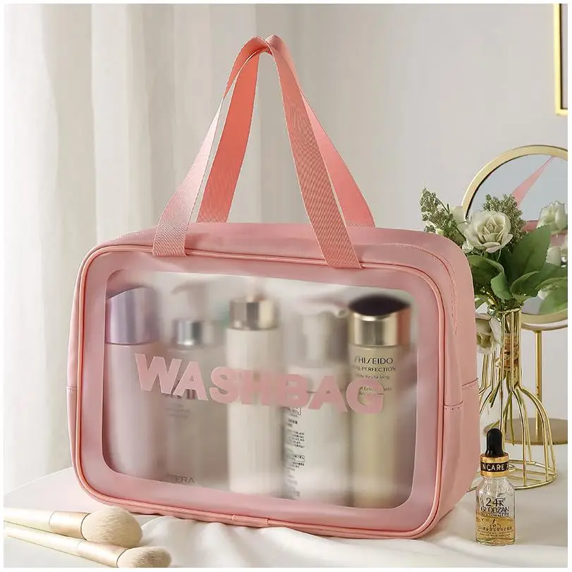 Travel Tote Bags Ladies Storage Transparent Pink Mesh Silicone Drawstring Clear Zipper Cosmetic Frosted Plastic Zip Top Bag