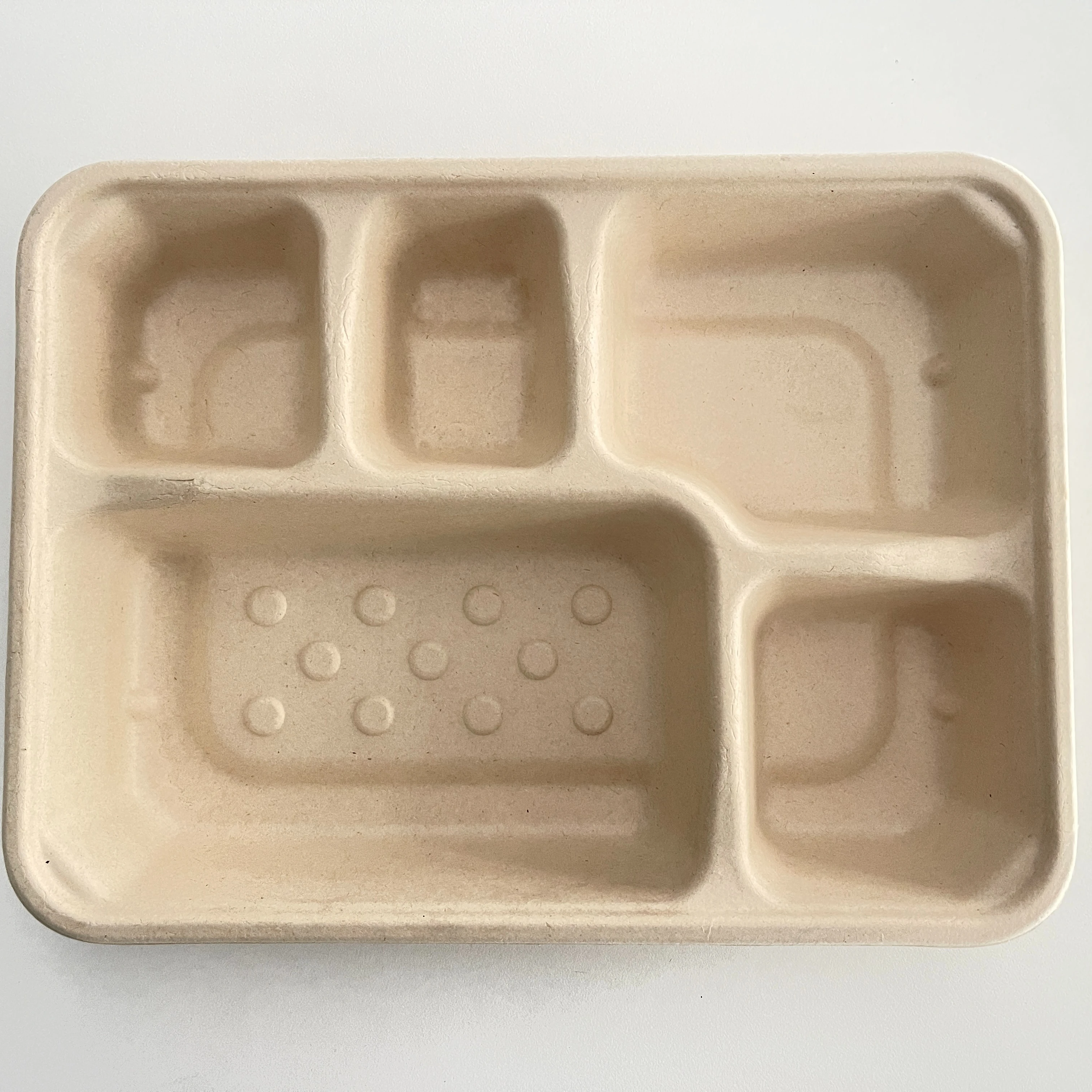 5-Compartment Bagasse Tray For Food Container 11Inch Length 4cm Depth Heavy And Hard Bagasse Plates
