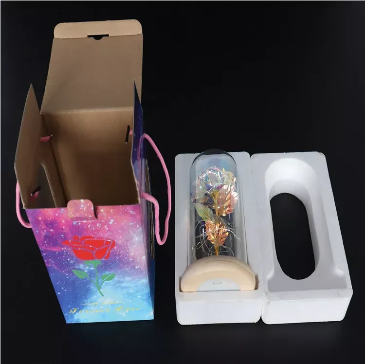 eternal artificial large galaxy beauty snd the beast light up foil golden forever rose preserved pink flowers in glass dome