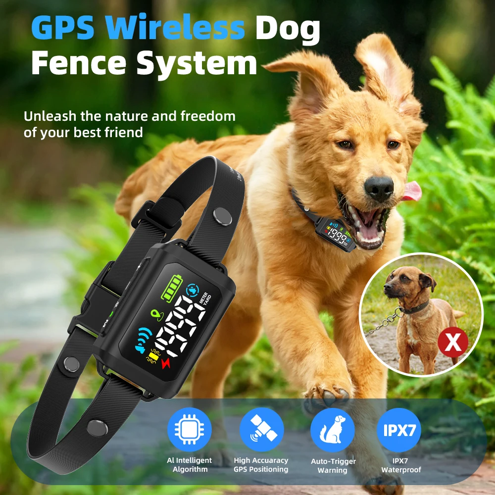 New Arrival GPS Wireless Dog Electric Fence Outdoor IPX7 Waterproof Portable Shock Training Collar Dog Containment System