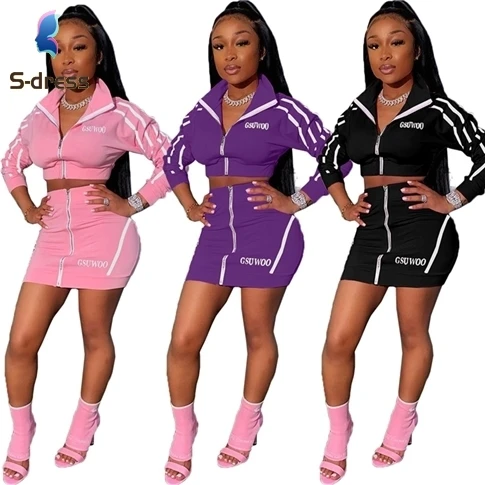 wholesale long sleeve letter printed crop top mini skirt 2 piece jogging suits set for women