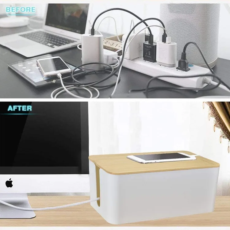 Home Cord Power Stripe Surge Protector Wire Cover Hider Plastic Large Storage Cable Management Box With Bamboo Lid For Desks