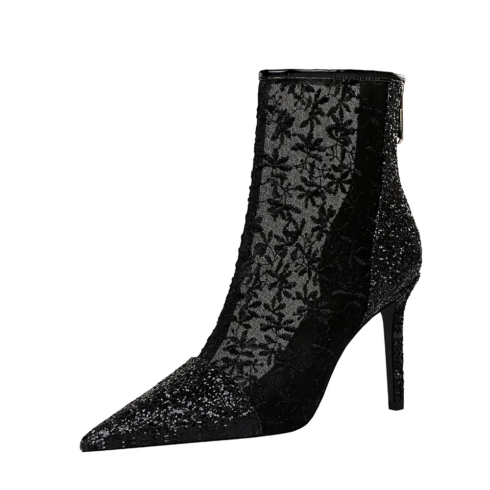 316-3 BIGTREE Fashionable stiletto boots for women Sequin lace is sexy Transparent mesh ankle boots New ankle boots for 2020