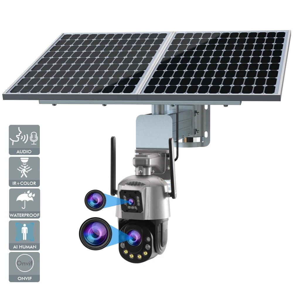 TecDeft 4G WIFI Outdoor Camera PTZ PIR AI FUll HD Full Color Night Vision Dual Lens Human Detection Solar Camera