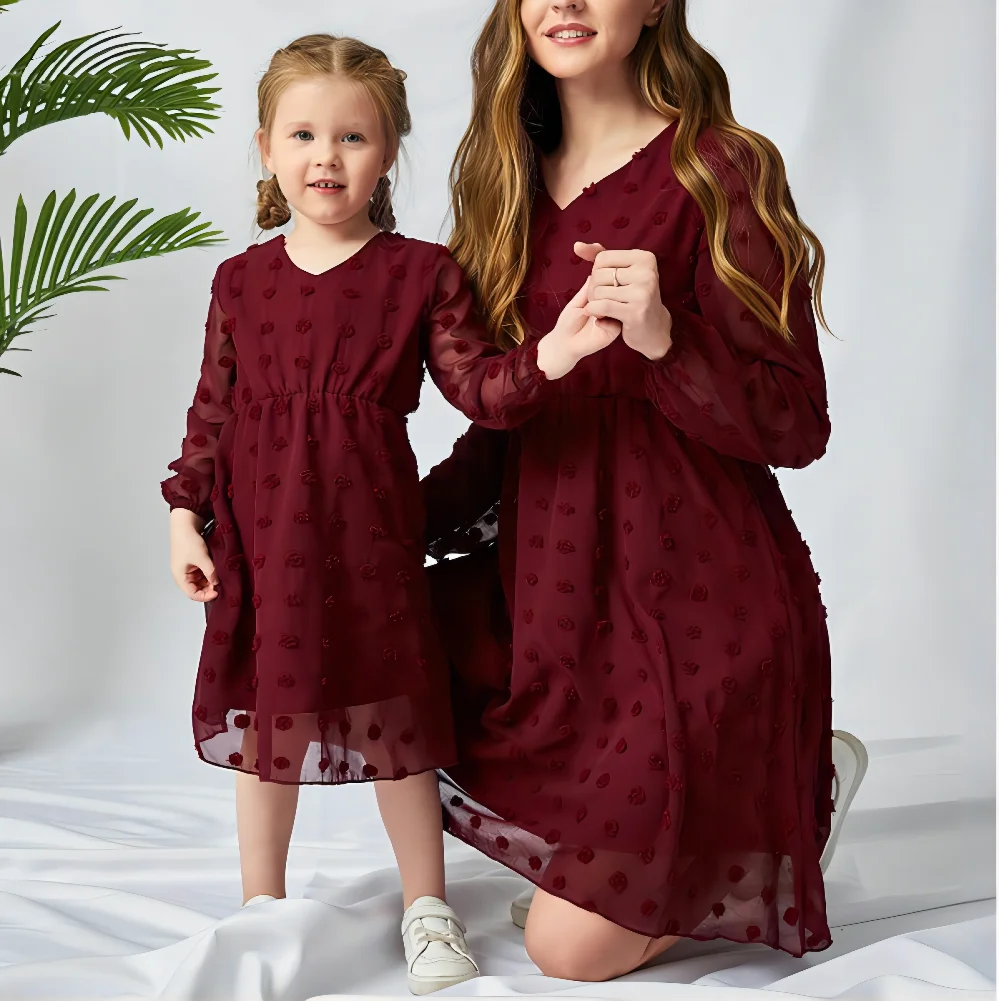 Wholesale chiffon mommy me short dress mother daughter matching outfits casual polka dot dresses women