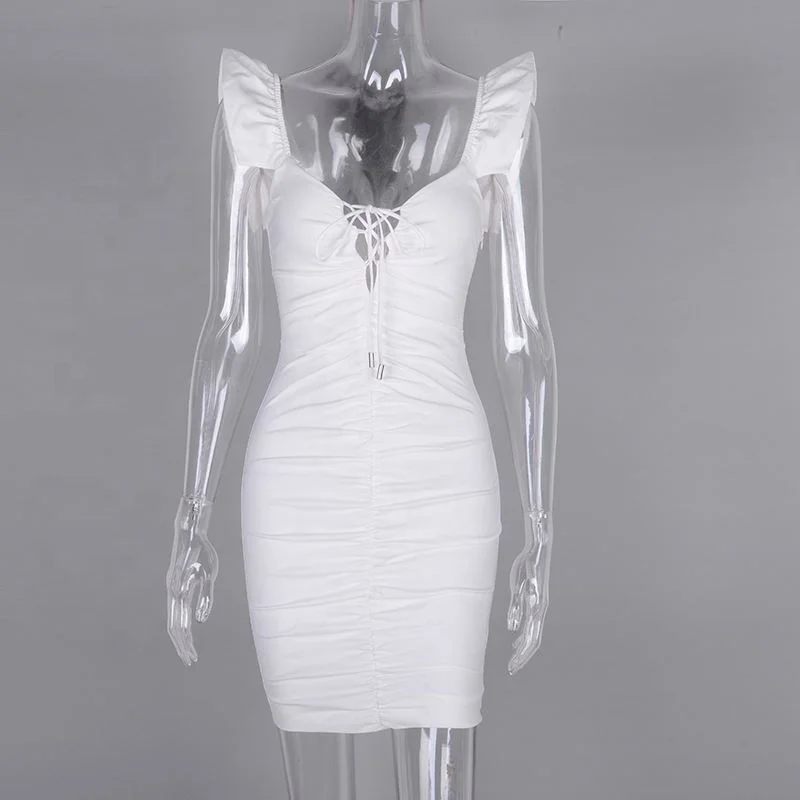 Wholesale 2019 Summer Dress Women Butterfly Sleeve Deep V-neck Cut Out Lace Up Ruched Sexy Dress Mini Elastic Bodycon Dress