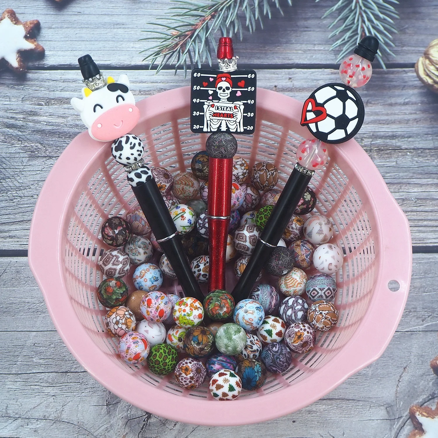 Модные Легкие шнурки аксессуары для ручек детей прорезывания зубов круглые силиконовые свободные шарики на заказ 15 мм с принтом