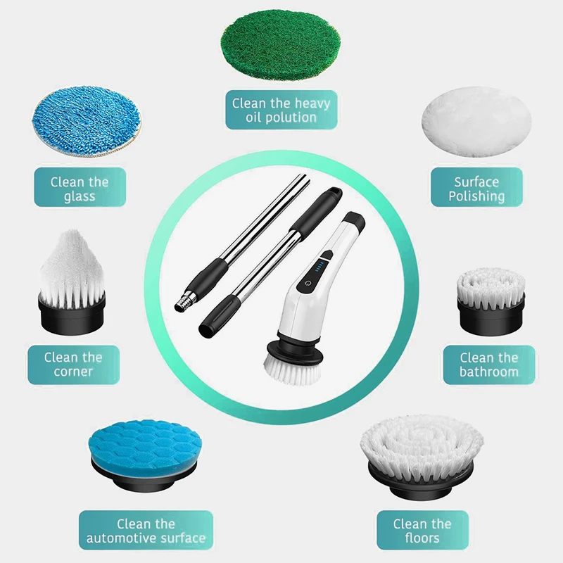 Electric Spin Scrubber Bathroom Tile Floor Bathtub Cleaning Brush With 7 Replacement Brush Heads and Extension Handle