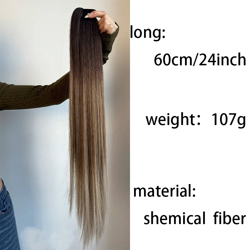 Ponytail wig, feminine, natural, realistic, braided long hair, highlights, gradient long straight hair, high ponytail