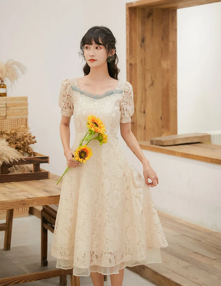 2022 French Party Dresses Chic Lace Crochet Bandage Women Summer Dress Vintage Square Collar Women Elegant Dress Vestidos