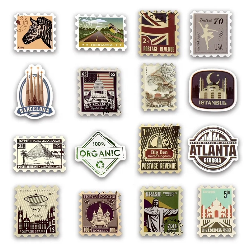 50Pcs Postage Post Stamp Gift Souvenir Collect Retro Classic Travel Waterproof Skateboard Luggage Cartoon Sticker