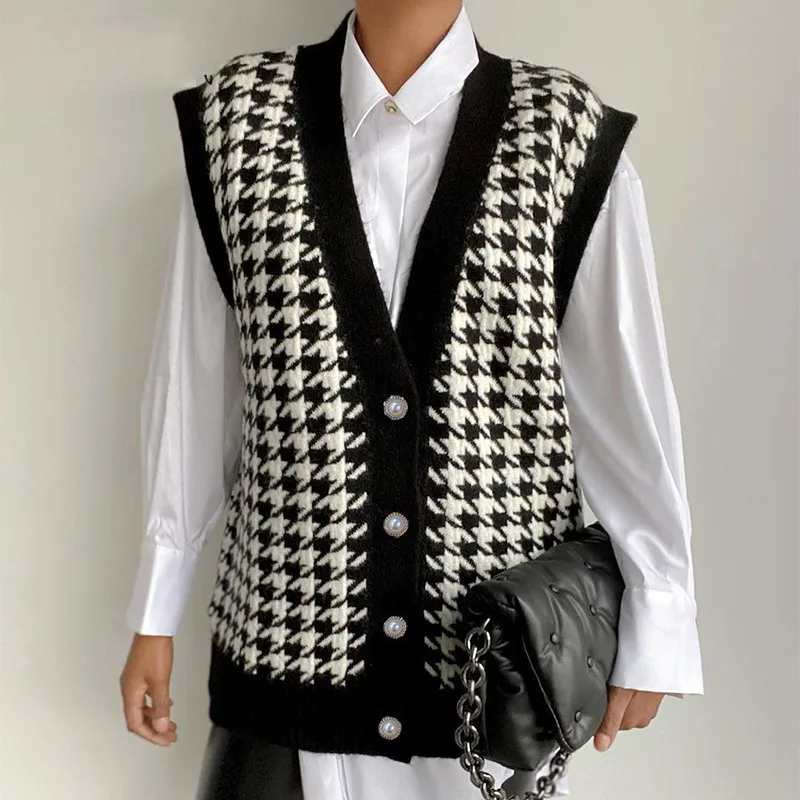 
2020 V-Neck Houndstooth Vest Sleeveless Knit Sweater Sueter Mujer Knit Houndstooth Cardigan Pull Sans Manche 