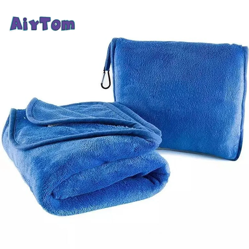Wholesale coral fleece plaid and solid color 2 in 1 portable blanket and pillow travel throw blanket set for trip