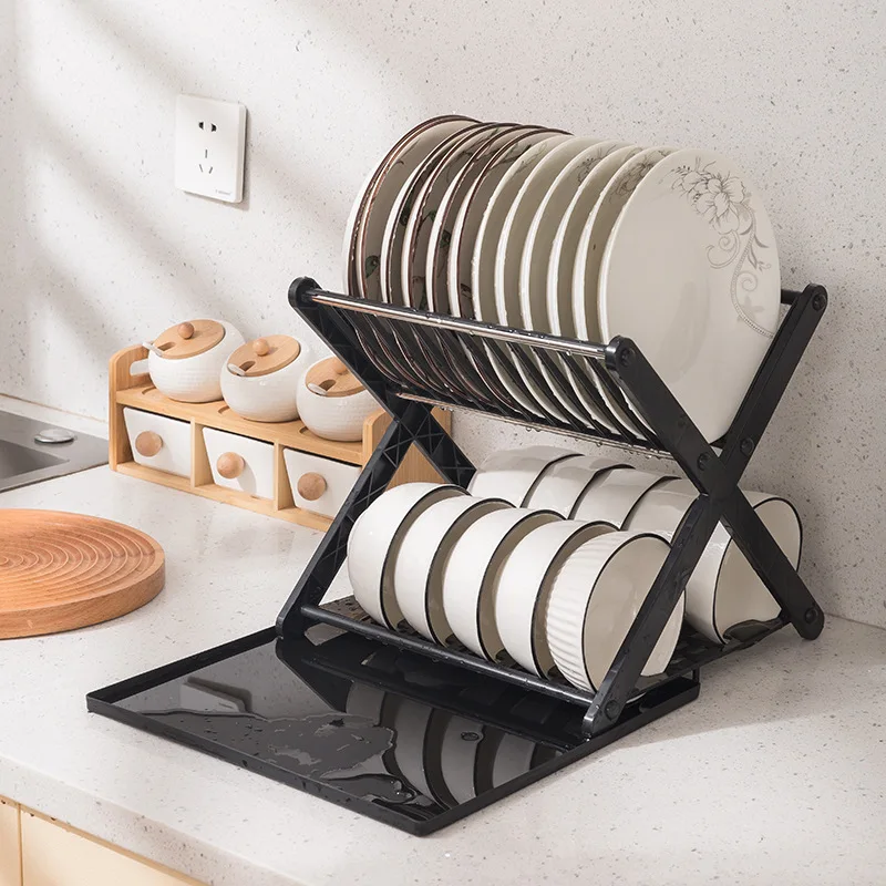 X-Type Plastic Double-Layer Kitchen Bowl Rack Multi-Functional Dish Storage and Tray Drain Holder for Tableware