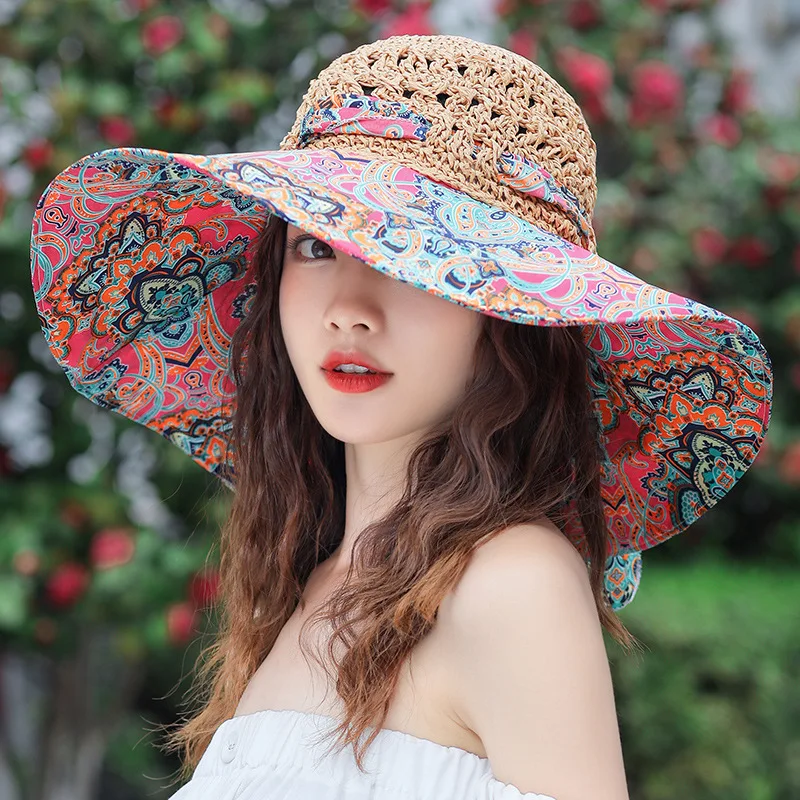 Y207114 Fashion Hook Printing Travel Hats Sun Sunshade Bowknot Straw Summer Wide Brim Beach Hats Women Floral