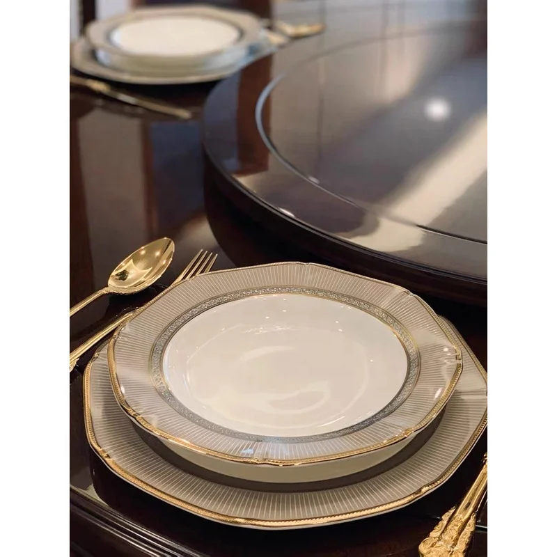 High End Dishes Set Household Gold Inlay Ceramic Rice Bowls European Style Light Luxury Tableware Bone China Dishes Dinner Set