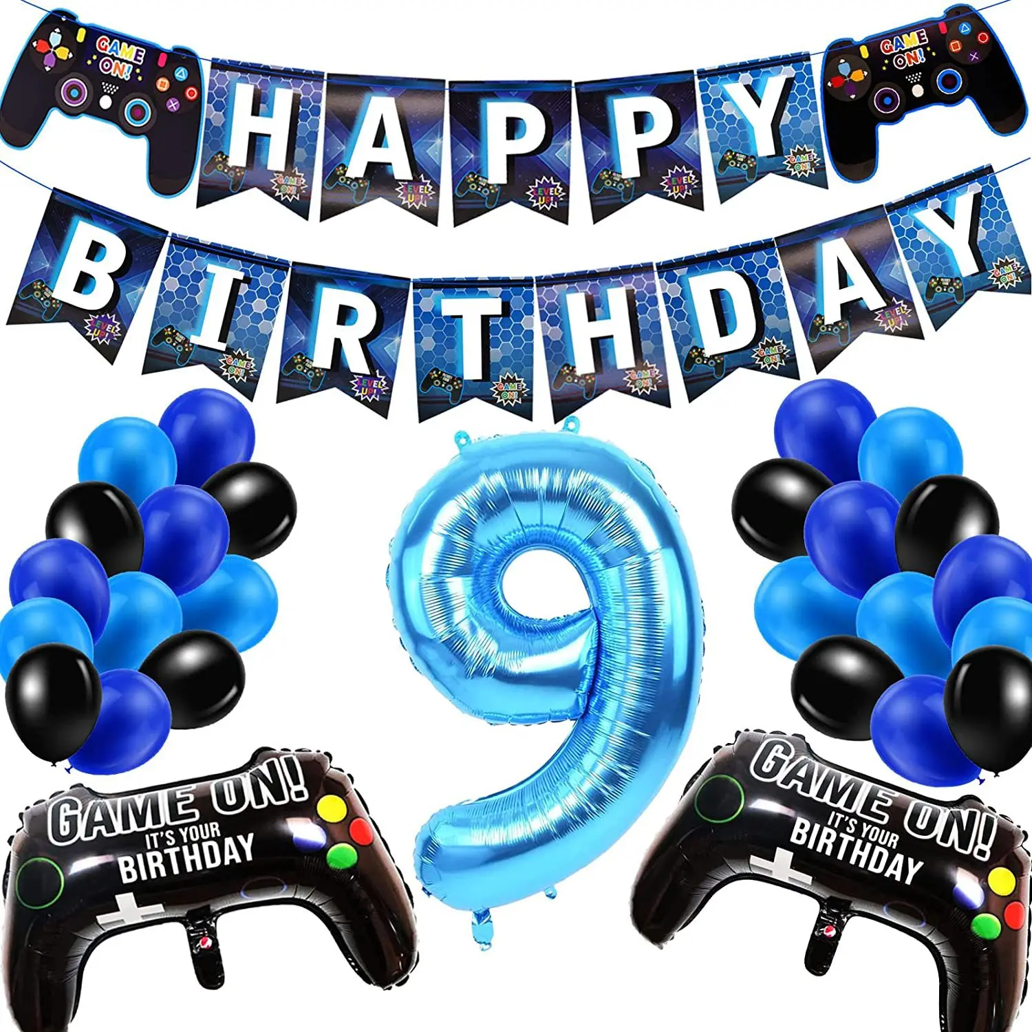Gamepad Themed Party Game Controllers Fans Decorate Happy Birthday Banner with Digital Balloon Supplies