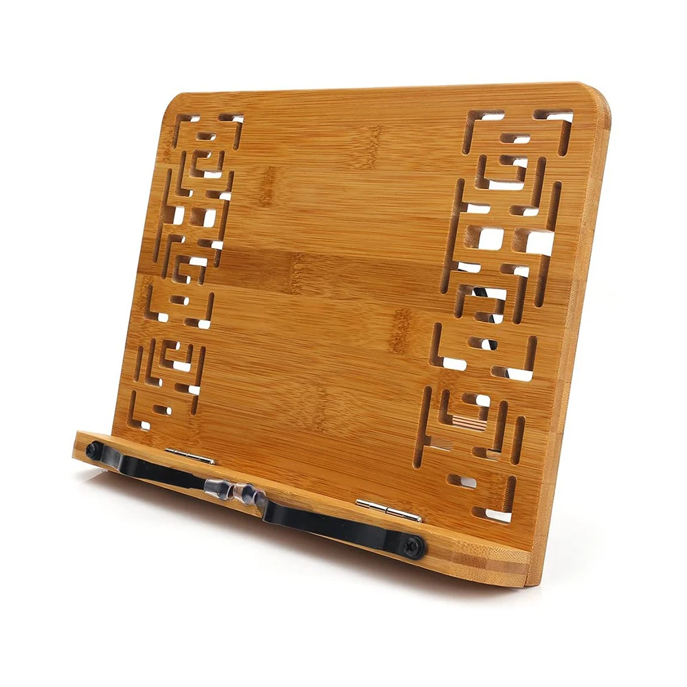 Large Bamboo Adjustable Cookbook Recipe Music Book Reading Holder Stand with Hollow Pattern
