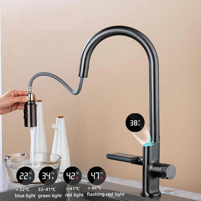 Waterfall Temperature Sensor Digital Display Kitchen Faucet Pull Out Stream Sprayer Hot Cold Water Sink Mixer Tap For Kitchen