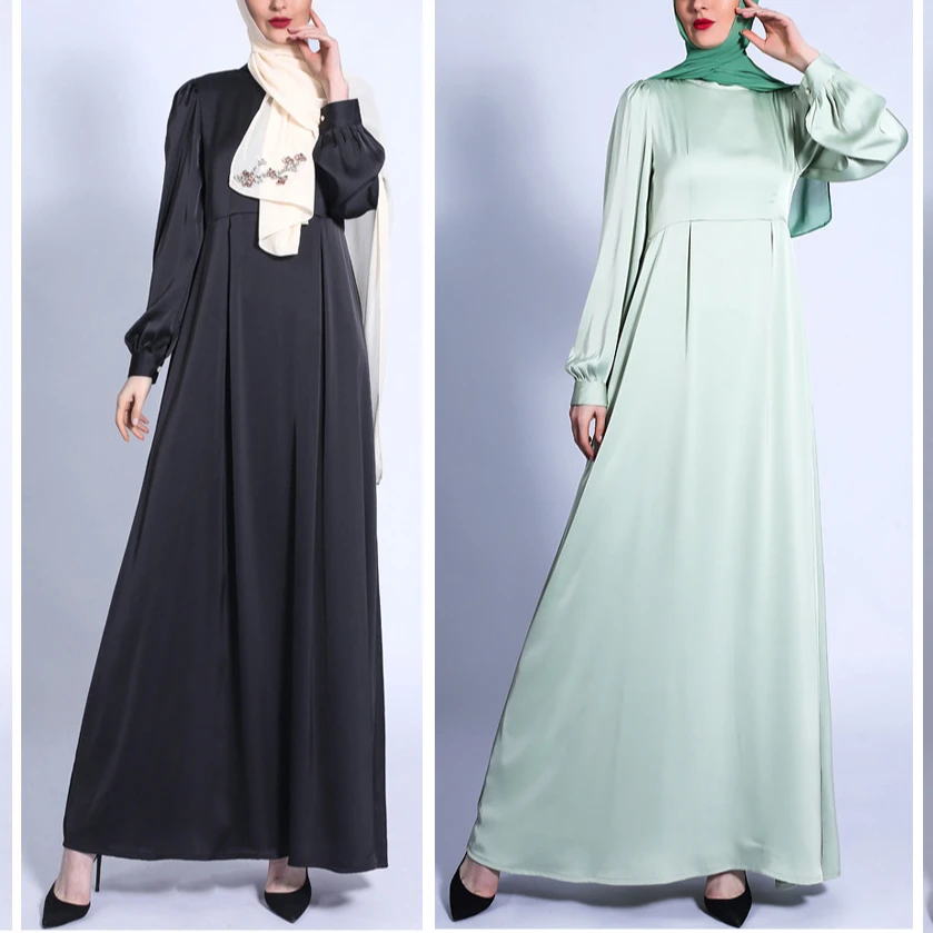 Muslim Pure Color Satin Long Sleeve Abaya Muslim dresses Fashion Middle Eastern Robe wholesale long dress muslim