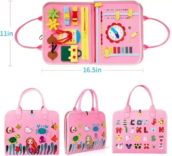 Jinying Pink Busy Board Book Toddler Kids Educational Montessori Toys Felt Cloth Book