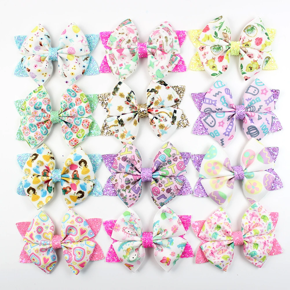 summer flower hair bows clip cute beautiful glitter leather bows for girls kids hair accessories