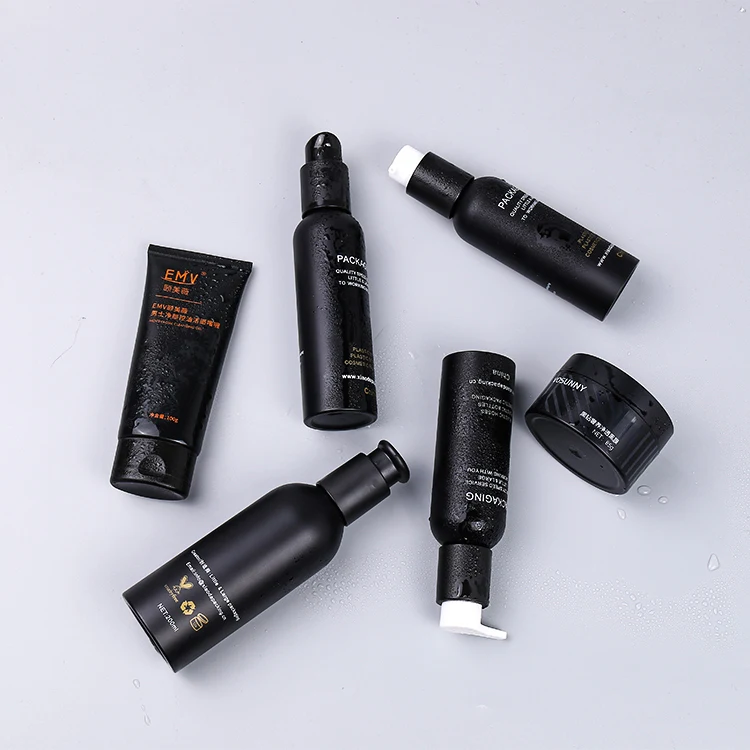 Wholesale matte black acrylic PET pump sample bottle 100ml-300ml cosmetic packaging