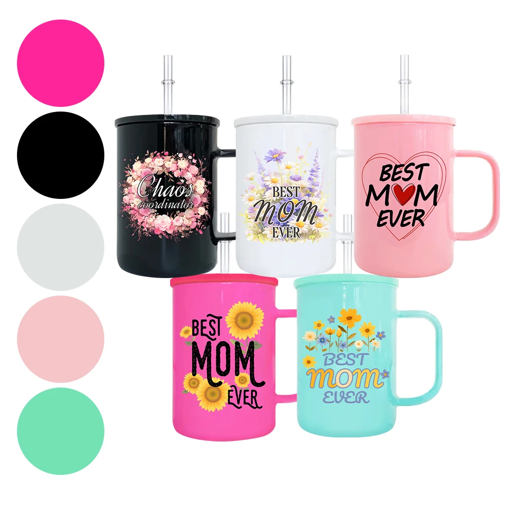 Hot sale jelly cup with lids glass drinking bottle 17oz sublimation ice-cream colors glass can beer coffee mug jar with handle