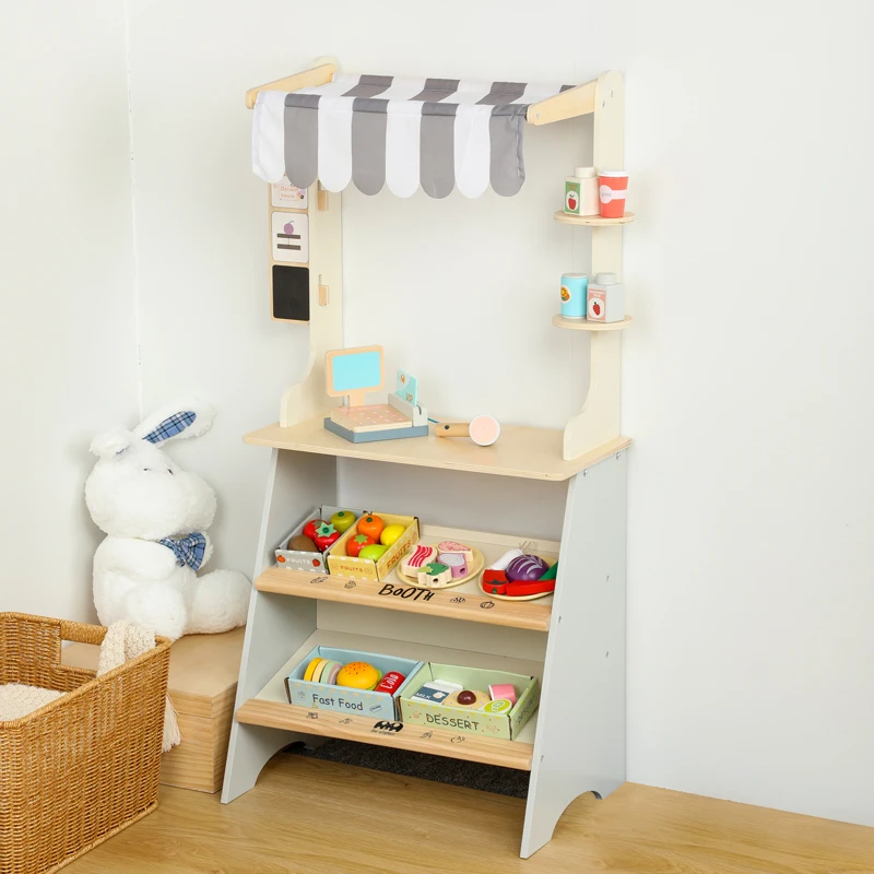 2023 new children play home wooden simulation toys convenience store fruit and vegetable checkstand for kids