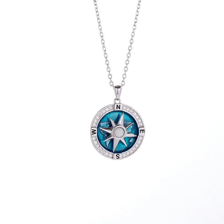S925 Navy Travel-Map Rotatable Compass Necklace Inspirational Nautical Dream Opal Zircon Pendant Jewelry Gifts for Women