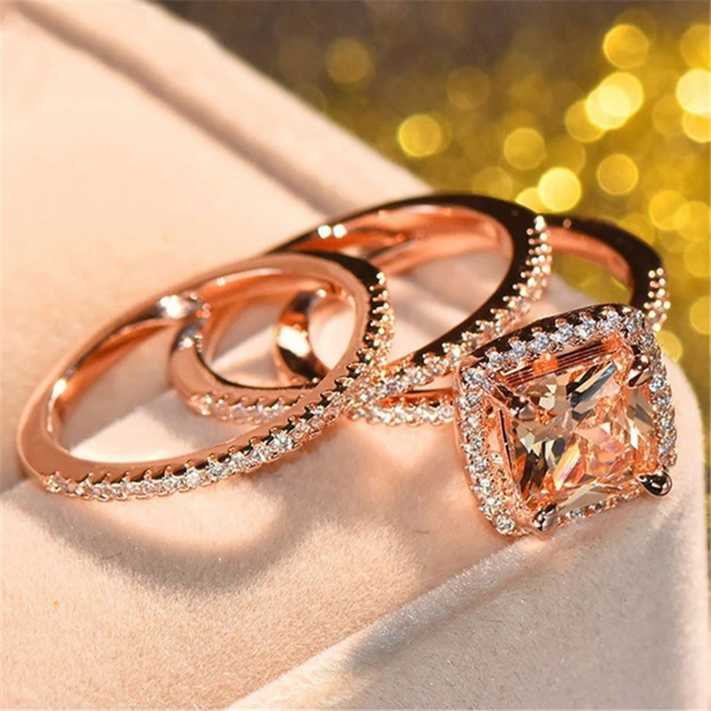 18K Rose Gold Diamond Ring Set for Women three piece Bizuteria Gemstone Anillos wedding Ring with box fine topaz peridot jewelry