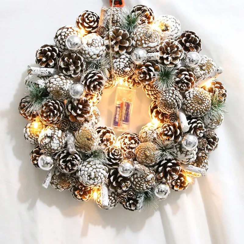 Christmas Light Wreath for Front Door Decoration with Ball Ornaments Poinsettia Flowers Pine Cones for Festival Party