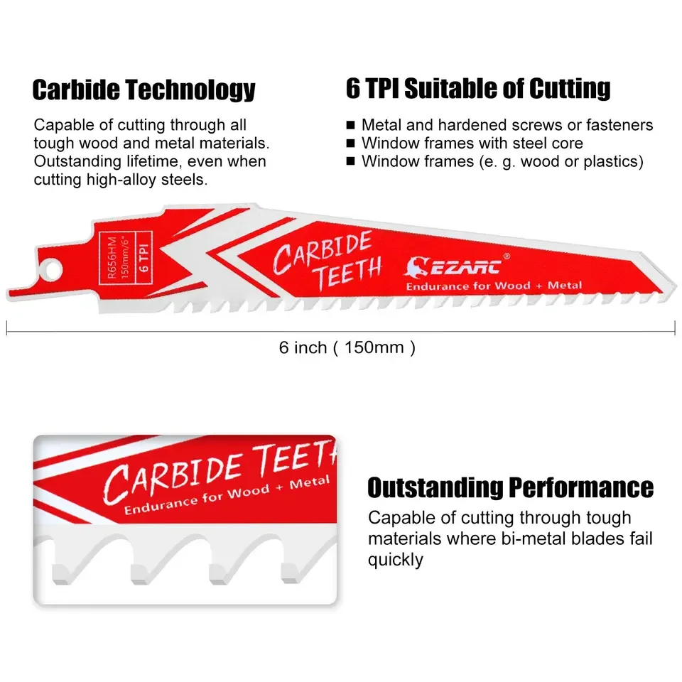Hot sale Carbide Reciprocating Saw Blades 6-Inch Sabre Saw Blade Set for Hard Wood and Metal Demolition
