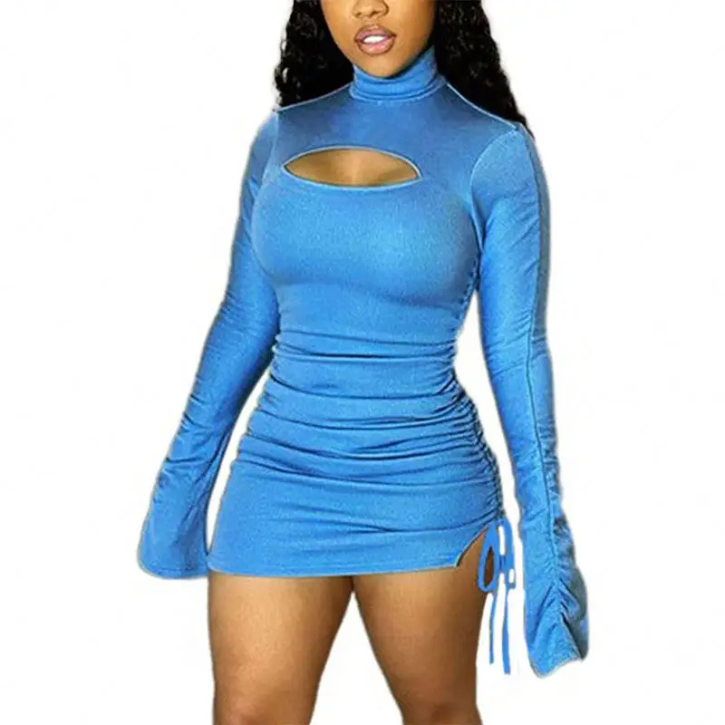 
2021 Hot Sale Sexy Club Wear Women High Neck Hollow Out Stacked Long Sleeve Bodycon Mini Dress 