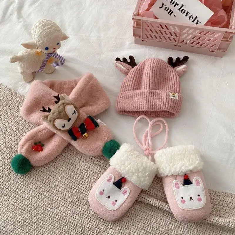 Wholesale Custom 3-Piece Set Long Cotton Knitted Beanie Hat Scarf Gloves Kids Age Children Winter Warm Christmas Gift Babies