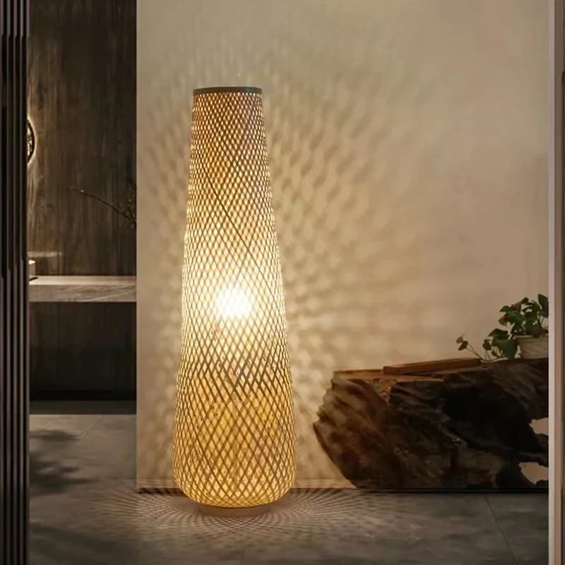 Wabi Sabi Wooden Floor Lamp Japan Style Floor Light Wicker Stand Light for Teahouse Bedroom Corner Restaurant Lighting