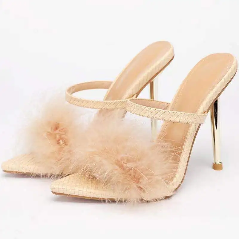 2022 new pointed crackle leather turkey feather slippers female plus size sexy high heel slippers