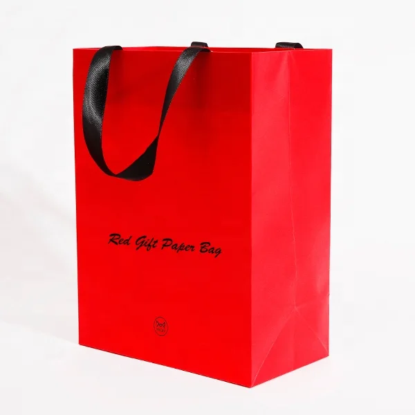 Wholesales custom print logo Tea Packaging Bag Red Small Gift square paper bag with ribbon handle