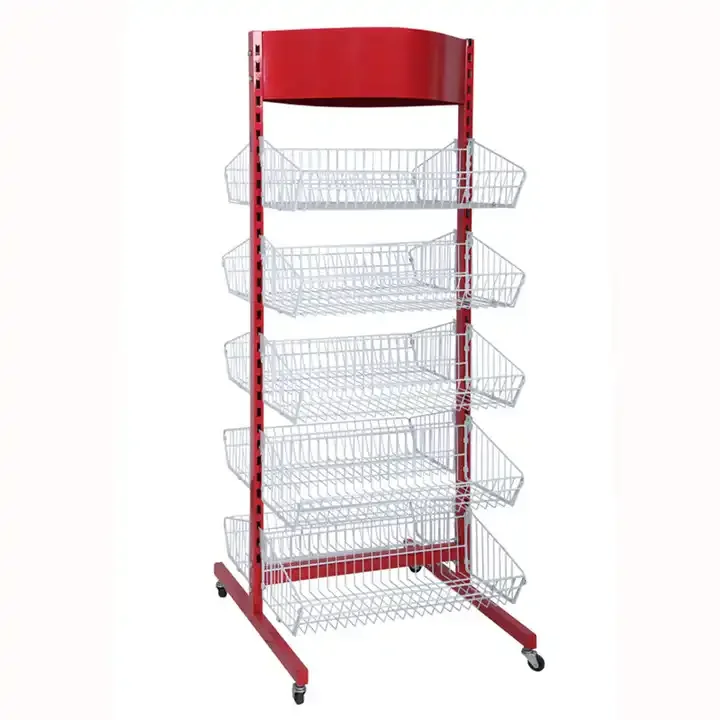 Supermarket Storage Shelving  with Wheels Organizer Baskets Set Storage Display Stand with Wire Shelves