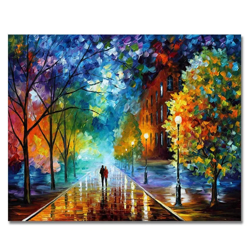 Romantic Canvas Painting Landscape Walking In Rain Road Palette Knife Oil Paintings