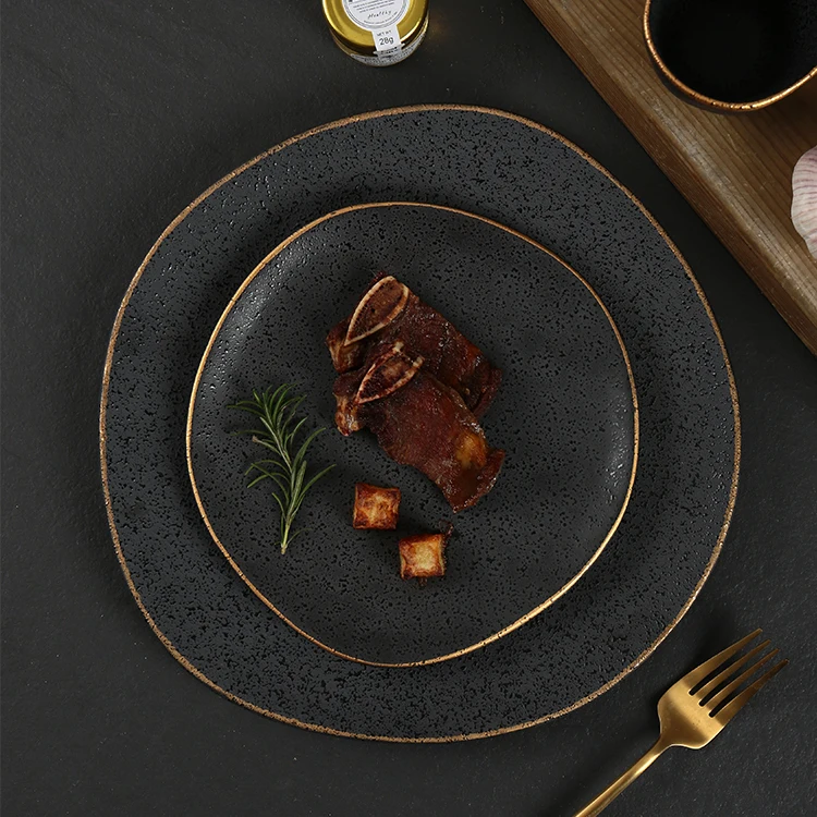 Hotel luxury gold rim tableware restaurant black stoneware food steak dessert dishes plates irregular shaped ceramic plate