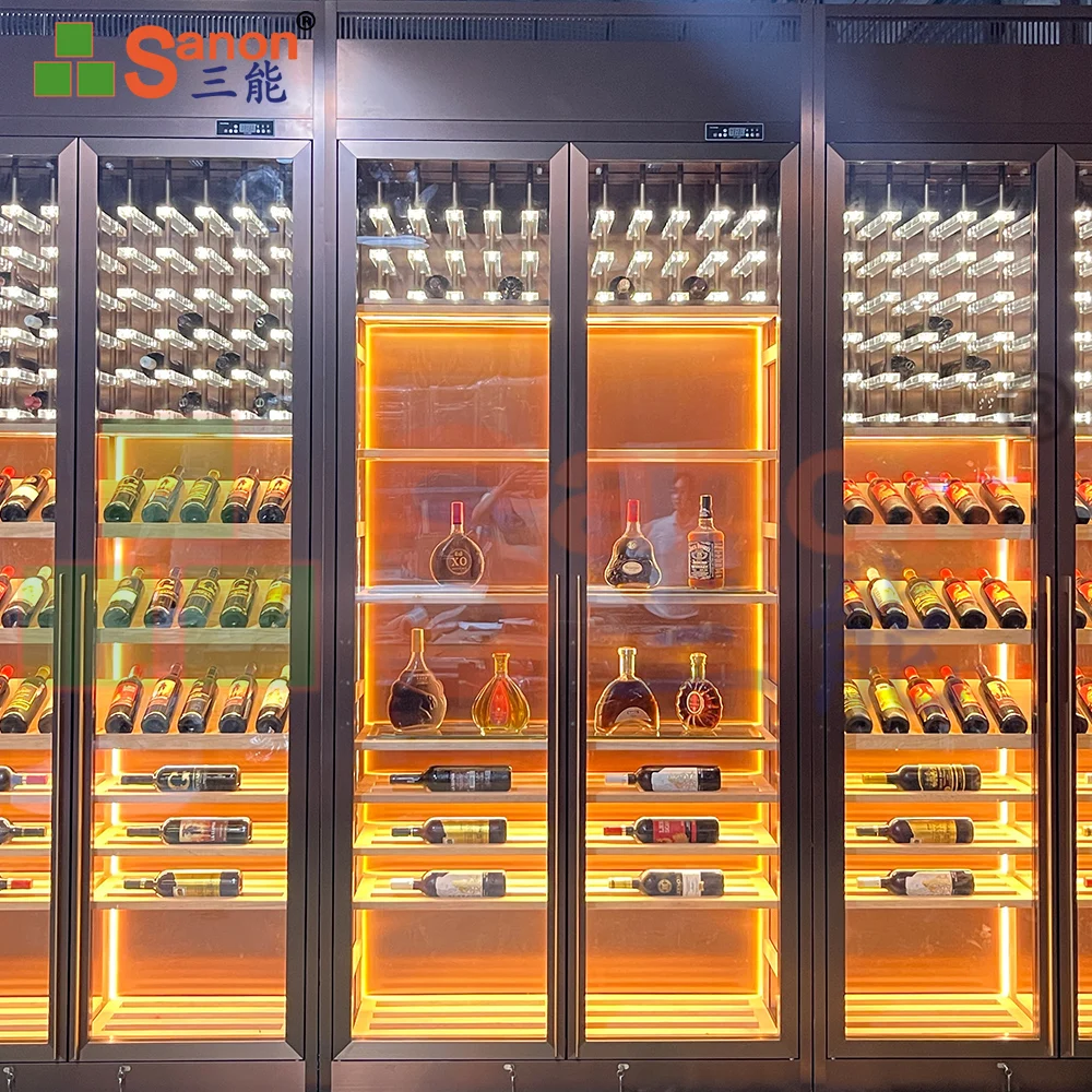 OEM Modern Luxury Custom Stainless Steel Wine Bar Cellar Wall Large Wine Whiskey Glass Thermostatic Wine Storage Cabinet