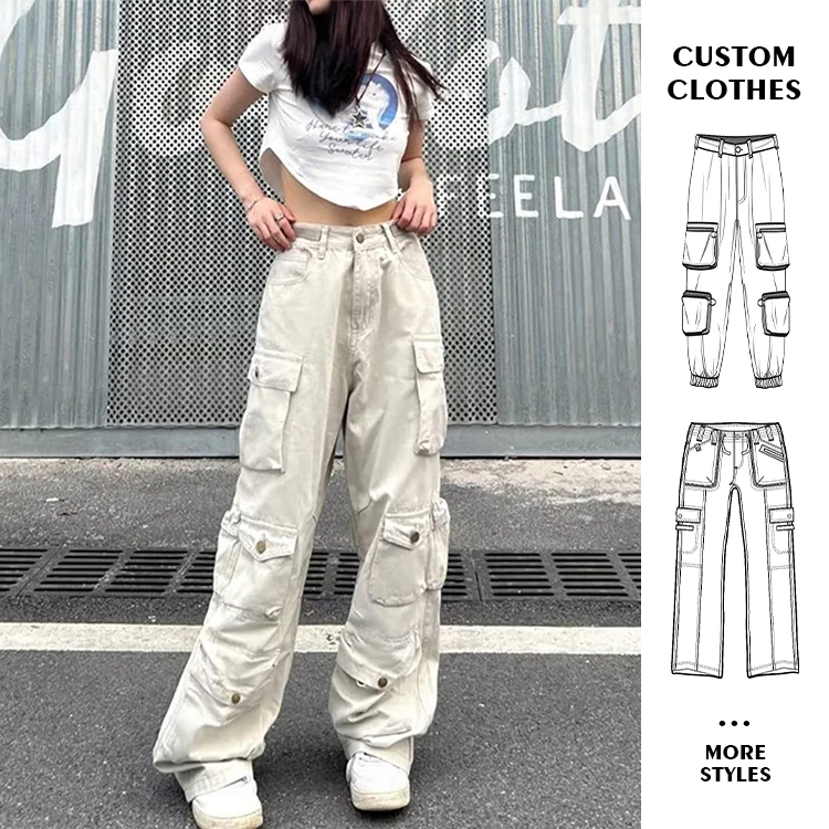 Custom OEM Manufacturer Vintage Pockets High Waist Streetwear baggy Casual ladies Long parachute Cargo Pant for women Trousers