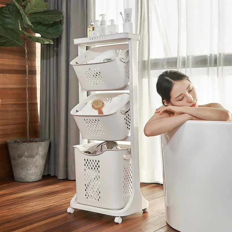 2022 hot sale customizable logo home bathroom PP 3 compartment laundry basket with wheels